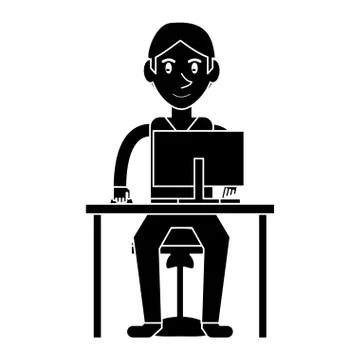 Silhouette young boy uses computer desk chair design 스톡 일러스트