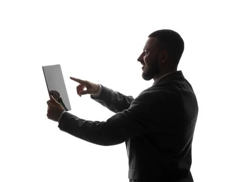 Silhouette of young businessman with tablet computer on white background. Dat 스톡 사진