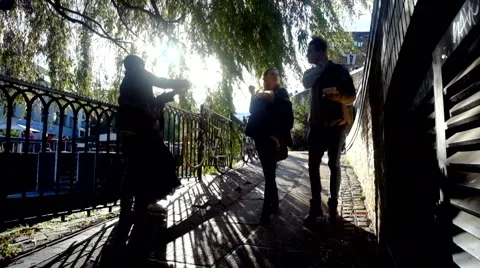 Silhouette of young couple walking on path Stock Footage 43100737