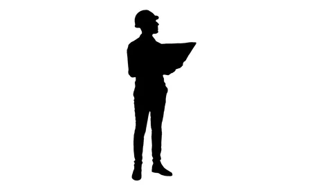 Silhouette Young engineer in helmet checking construction drawings Видео 73623024
