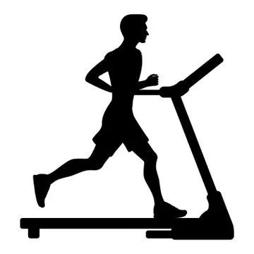 Silhouette of young man running on treadmill. Vector illustration in flat sty Stock Illustration