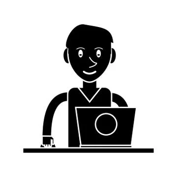 Silhouette young man using laptop on desk Stock Illustration