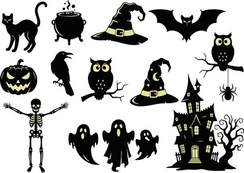 Silhouetted black Halloween elements including witch hat, cauldron, ghosts, s Stock Illustration