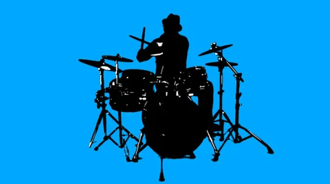 A silhouetted blue guy with a hat plays a really cool drum solo Stock Footage 33988550