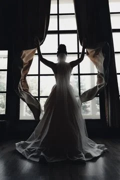 Silhouetted bride stands before large window Foto stock