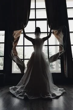 Silhouetted bride stands before large window Foto stock