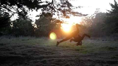 Silhouetted Caucasian Man Performs Flip Series at Sunset Stock Footage 146556587