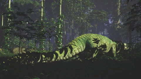 Silhouetted crocodile evokes primeval atmosphere in towering forest Stock Footage 333993910
