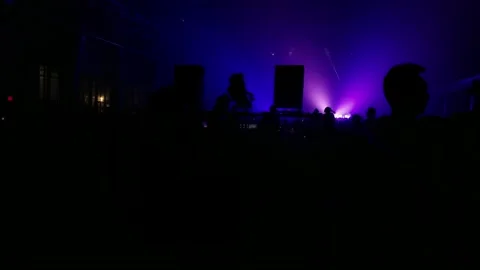 Silhouetted Crowd at Dark Electronic Music Festival in Warehouse Stock Footage 146557421