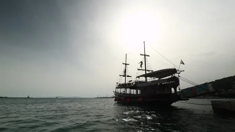 Silhouetted Docked Party Boat. Split, Croatia Stock Footage 243835539
