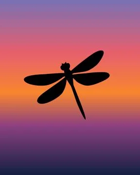 Silhouetted dragonfly glides through twilight sky. 库存插图