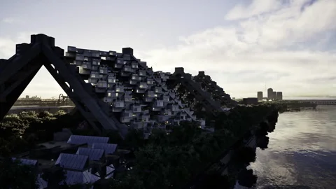Silhouetted housing development with city reflections on tranquil water surface Stock Footage 339797131