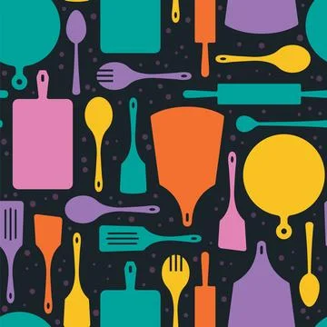 Silhouetted kitchenware seamless pattern. Repeated utensils shapes, culinary Stock Illustration