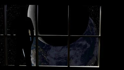Silhouetted man overlooking the Earth and Moon from space. Stock Footage 112876351