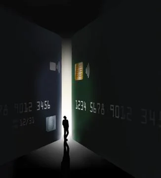 A silhouetted man is seen between two giant credit cards in an illustration a Stock Illustration
