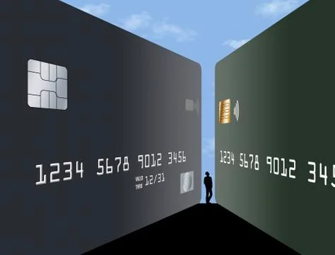A silhouetted man is seen between two giant credit cards in an illustration a Stock Illustration