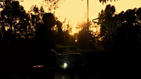 Silhouetted Man at Sunset Drinks Coffee on a Bench Stock Footage 256094375