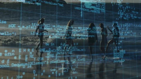 Silhouetted people walking on beach with digital code overlay animation Stock Footage 306264979