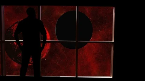 A silhouetted person overlooking an outer space scene in this abstract concept. Stock Footage 112892134