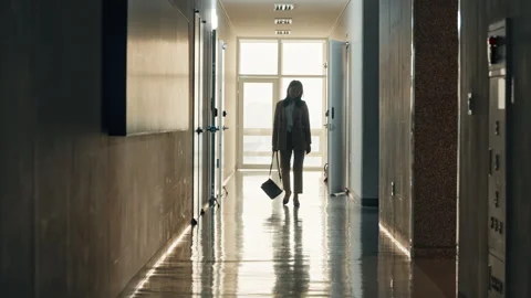 Silhouetted Person Walking Through Office Lobby with Glass Doors Stock Footage 339639147