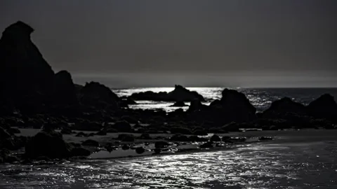 Silhouetted rocks at ocean beach with moonlight reflection - night timelapse Stock Footage 219766172