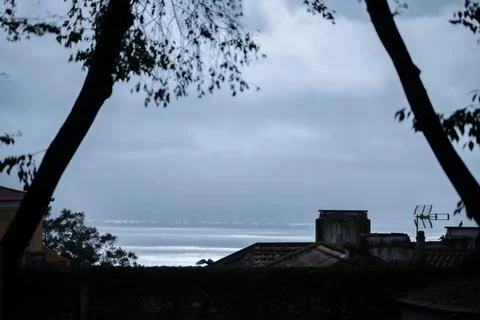 Silhouetted rooftops and trees overlooking distant river Foto stock