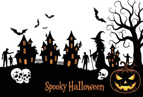 Silhouetted scene features a witch, haunted houses, zombies, and a carved pum Stock Illustration