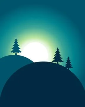 Silhouetted trees stand atop rolling hills 库存插图