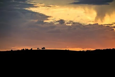 Silhouetted treetops on a hill under a dramatic sunset sky Stock Photos