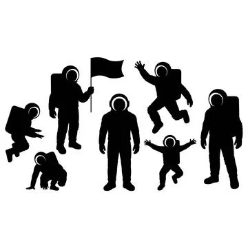 Silhouettes of Astronauts in Various Poses with Flag Stock Illustration