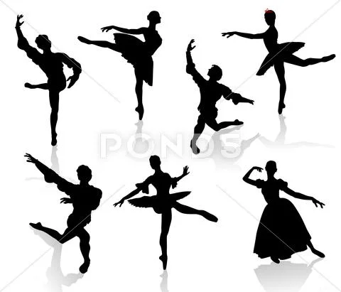 Silhouettes of ballerinas and dancer in movement on a white background Stock Illustration