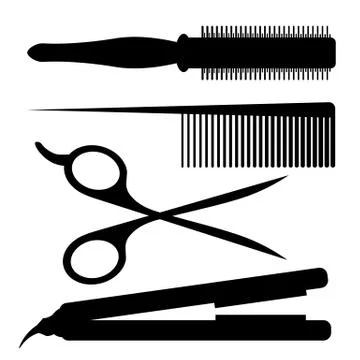 Silhouettes of barber tools: round comb, hairbrush, scissors and hair iron Stock Illustration