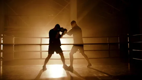 Silhouettes of boxers facing off in ring with backlight Stock Footage 308485331