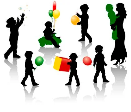 The silhouettes of a boy playing with a balloon, bubbles, toys. Stock Illustration