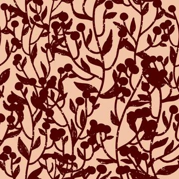 Silhouettes of branches with berries, cozy texture ornament. Vector seamless Illustrazione stock