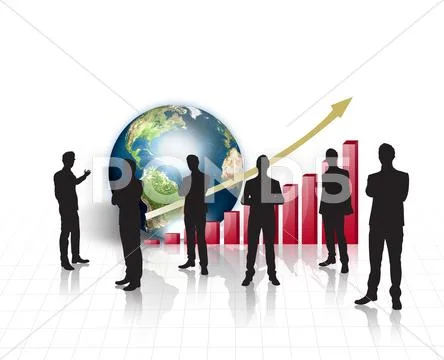 Silhouettes of business on world map with red graph and earth Stock Illustration