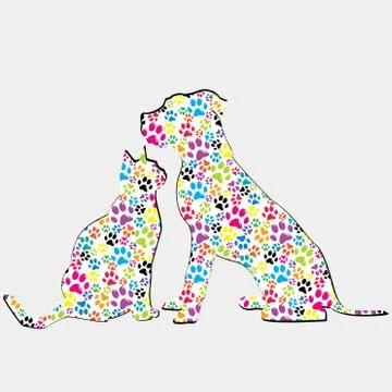 Silhouettes of cat and dog patterned in colored paws Illustrazione stock