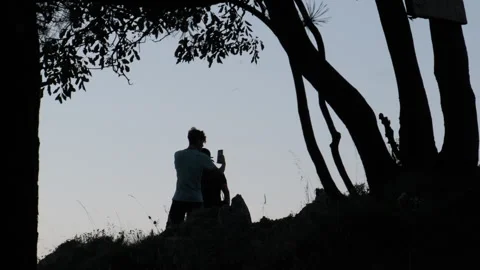 Silhouettes of a couple stand out against the sky at dusk Stock Footage 248602353