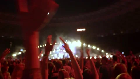 Silhouettes of dancing and cheering fans in front of the big stage Vídeos de archivo 224358760
