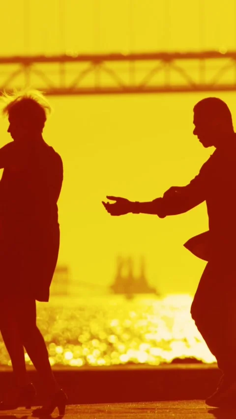 Silhouettes of dancing elderly couple holding hands during sunset Stock Footage 330159038