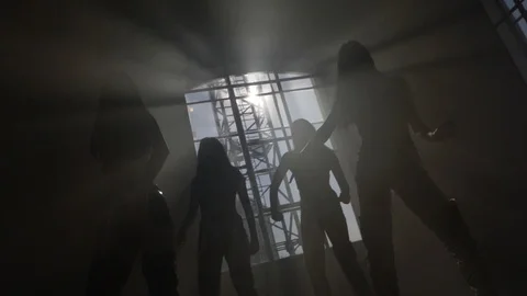 Silhouettes dancing synchronously contre jour sunset Stock Footage 125530103