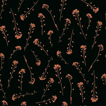 Silhouettes of delicate flowers pattern background orange on black Stock Illustration