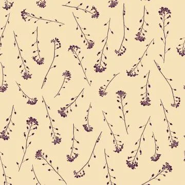 Silhouettes of delicate flowers pattern background violet on beige Stock Illustration