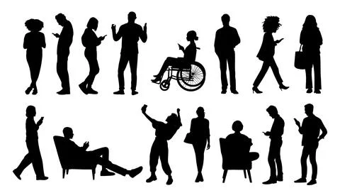 Silhouettes of Diverse people using smart phone. イラスト素材