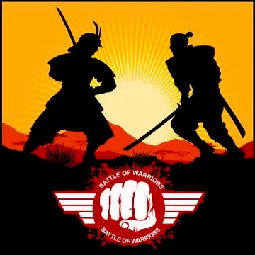 Silhouettes Duel of two samurai - Samurai Warriors With Katana Sword - MMA Mixed Stock Illustration