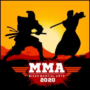 Silhouettes Duel of two samurai - Samurai Warriors With Katana Sword - MMA Mixed Stock Illustration