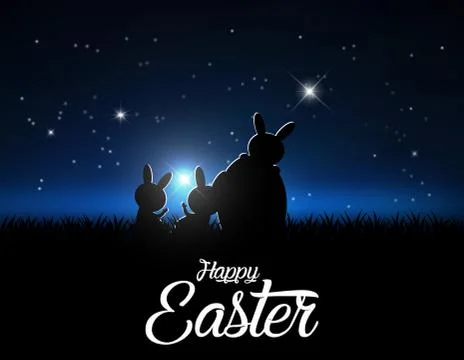 Silhouettes of easter bunnies against a moonlight and stars. Concept easter v Stock Illustration