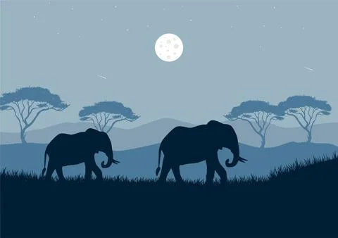 Silhouettes of elephants in Savannah vector Stock Illustration