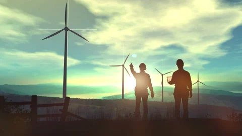 Silhouettes of engineers against the backdrop of the sunset and wind farms. Stock Footage 124733908