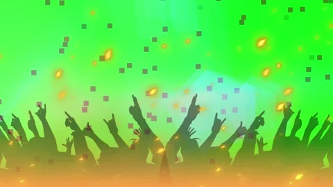 Silhouettes of enthusiastic crowd hands waving rock gesture against green Stock Footage 344714482